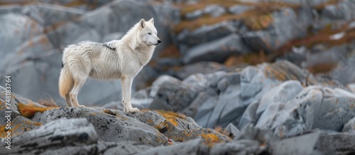 A polar wolf Canis lupus arctos stands stoically on gray rocks  its white fur contrasting against the rugged terrain. The lone wolf gazes out  surveying its surroundings with a sense of alertness and