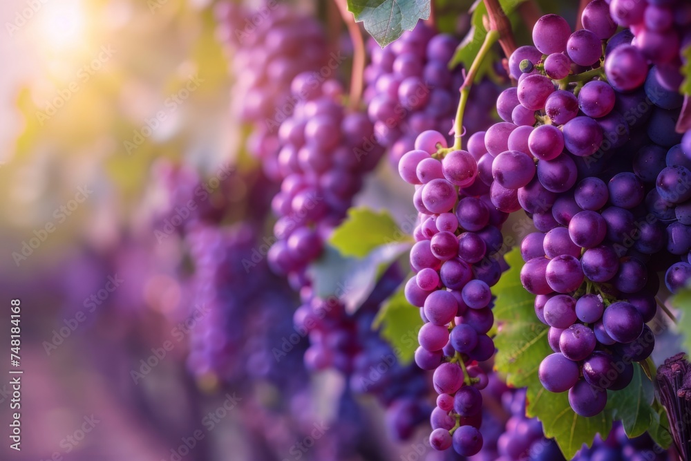 Cluster of red grapes basks in the sunlight and the warm glow of the vineyard behind. Cluster of red grapes basks in the sunlight and the warm glow of the vineyard behind.