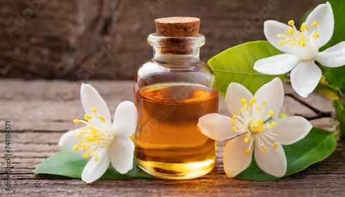 Neroli essential oil with flowers on a wooden background 