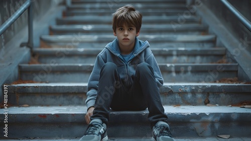 A young boy sitting on a set of steps in a gloomy scene