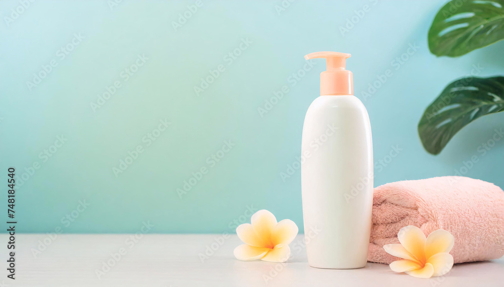 bottle of shampoo or soap on the table and copy space over blue bottle of shampoo or soap on the table and copy space over blue