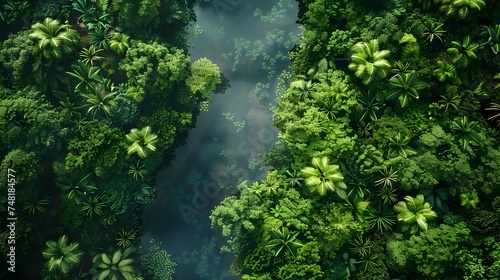 Aerial View of Lush Green Tropical Jungle with River and Pineapple
