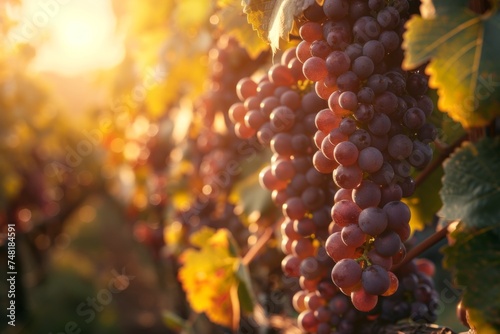 Cluster of red grapes basks in the sunlight and the warm glow of the vineyard behind. © P Stock