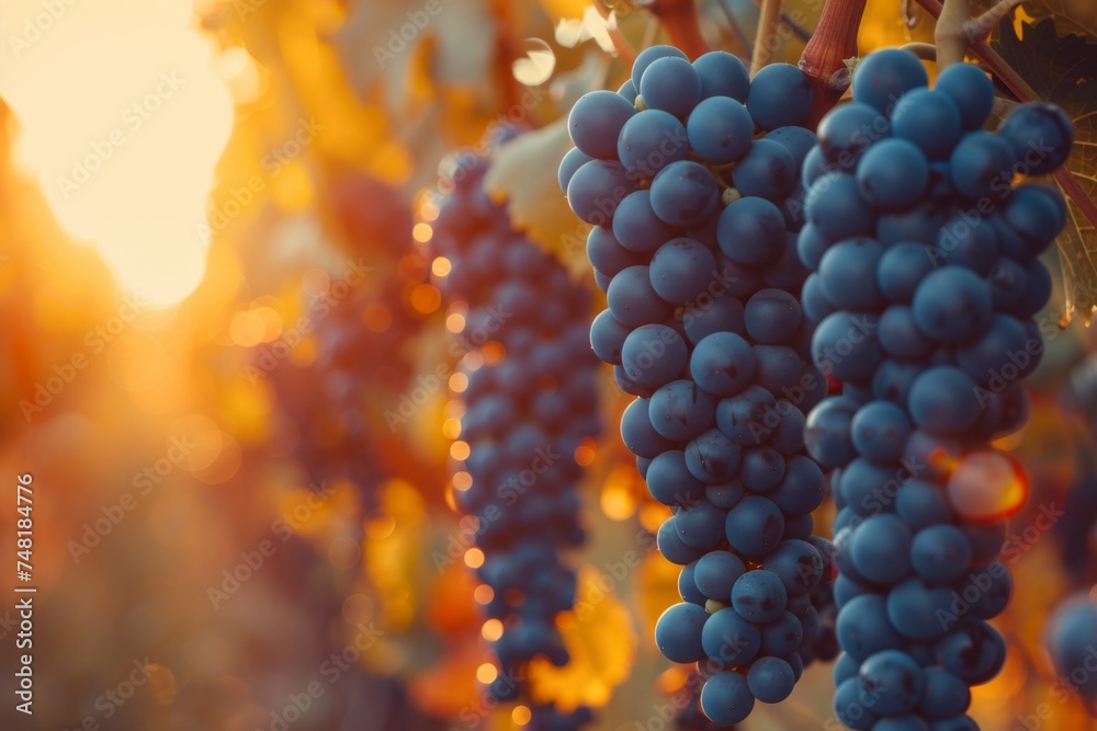 Cluster of red grapes basks in the sunlight and the warm glow of the vineyard behind. Cluster of red grapes basks in the sunlight and the warm glow of the vineyard behind.