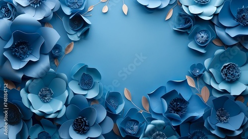 Blue Paper Flowers on a Textured Bronze Frame photo