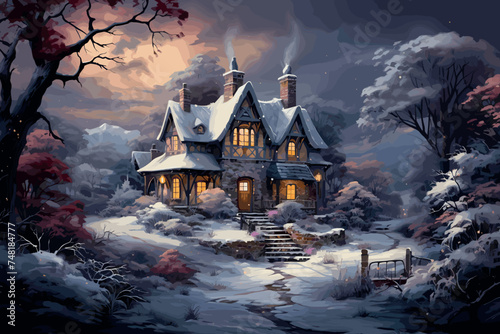 Victorian vintage style Christmas card 3d illustration snowing landscape village scenery European quaint cottage little town moonlit at night starlight