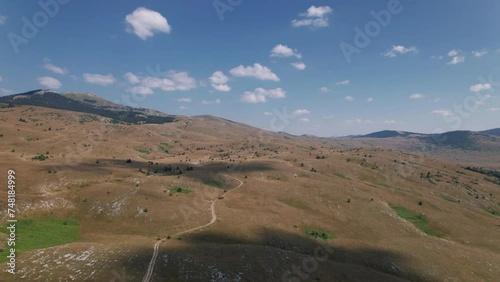 Aerial drone view of uncultivated fields in the Balkan mountains in Bosnia and Herzegovina with a pine forest behind. There are shadows of the clouds, beautiful sunny summer day. photo