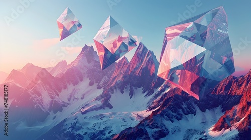 Cubist Digital Landscape with Crystals and Snowy Mountains