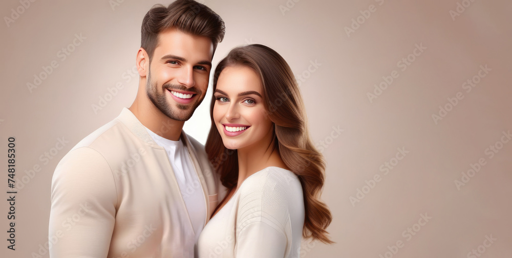 Banner of a guy and a girl in light clothes hugging on a simple light background. Portrait, a couple looks into the camera lens together. Emotions, youth, love and Valentine's Day. Copy space