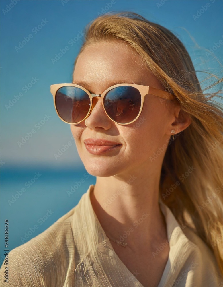 : portrait of beautiful blond woman in sunglasses on blue background. Carefree summer 