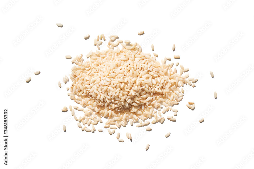 A top view of raw brown and white rice, forming a heap. The integral, uncooked grains highlight diverse Asian cuisine in this isolated pile. A top view of raw brown and white rice, forming a heap. The integral, uncooked grains highlight diverse Asian cuisine in this isolated pile.