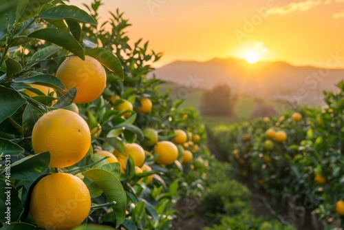 Golden rays of the setting sun illuminate a citrus orchard, casting a warm light over the ripe, round oranges.