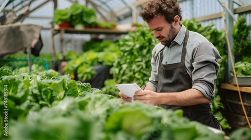 Farmer Checking Fresh Lettuce in Greenhouse with Digital Tablet