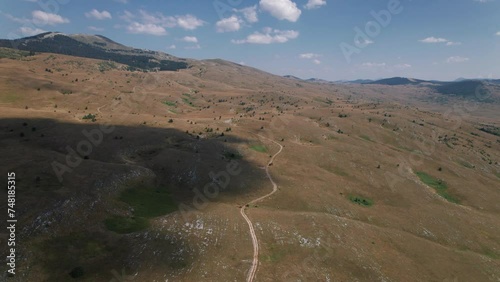 Aerial drone view of uncultivated fields in the Balkan mountains in Bosnia and Herzegovina with a pine forest behind. There are shadows of the clouds, beautiful sunny summer day. photo