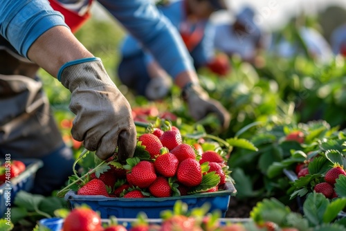 Farm workers picking ripe strawberries into a basket in a sunlit agricultural field.