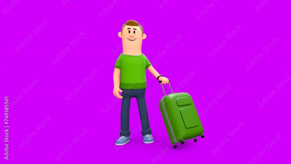 3D Animation of White Cartoon Young Man Standing With Wheeled Suitcase Luggage Waiting For Transportation. 3D Animation of White Cartoon Young Man Standing With Wheeled Suitcase Luggage Waiting For Transportation.