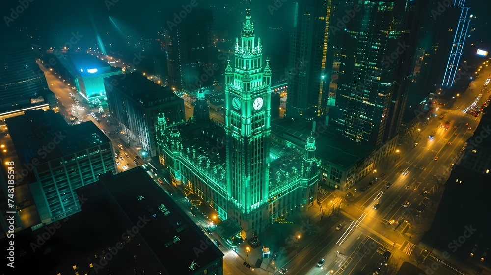 Green Illuminated Building with Clock Tower at Night