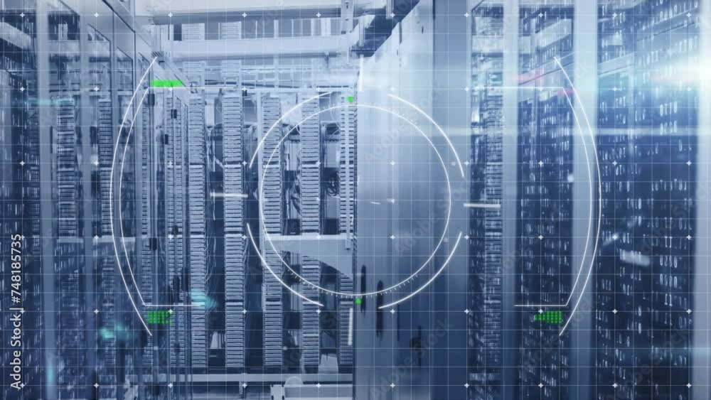Animation of shapes and scope scanning over server room Animation of shapes and scope scanning over server room