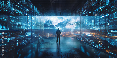 Silhouette of a person in a futuristic data center with holographic displays and a cityscape backdrop