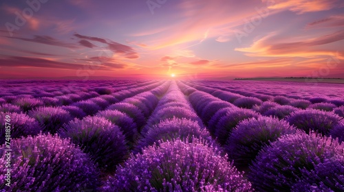 Lavender Field at Sunset in French Countryside
