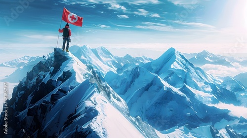 Man Pointing Canadian Flag on Mountain Peak