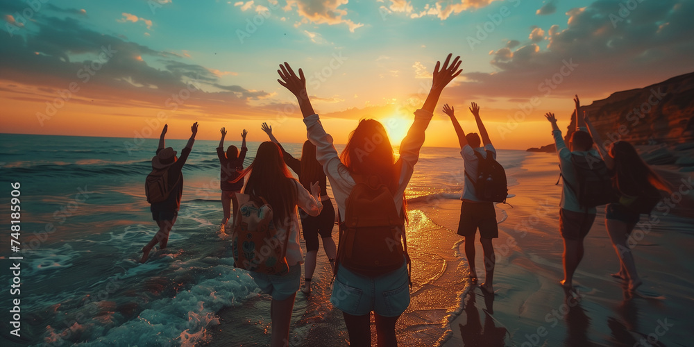 Group of friends celebrating with raised hands on a sunset beach, expressing freedom and joy - obrazy, fototapety, plakaty 
