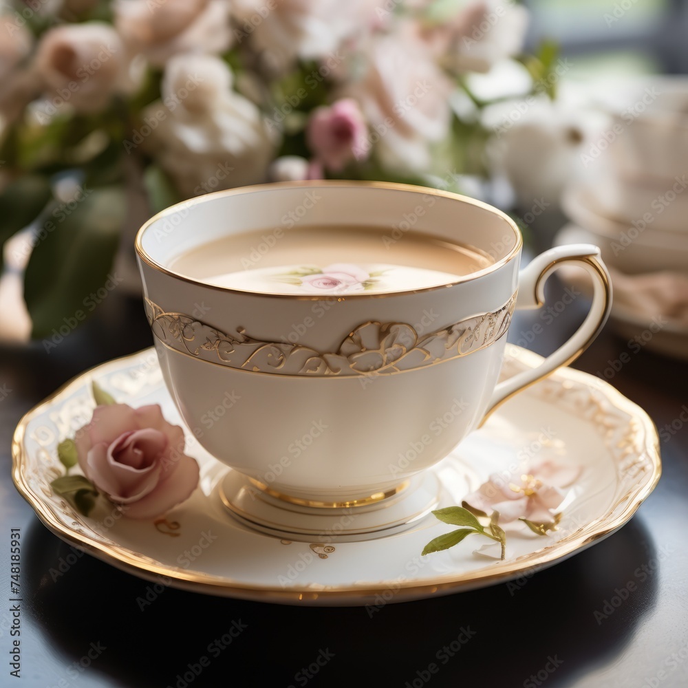 Royal cup with beautiful golden flower patterns. Beautiful luxury cup with a saucer on a table. Concept 3d render of expensive cups with art. Flower decorated cups. Luxury tableware. Royal cup with beautiful golden flower patterns. Beautiful luxury cup with a saucer on a table. Concept 3d render of expensive cups with art. Flower decorated cups. Luxury tableware.