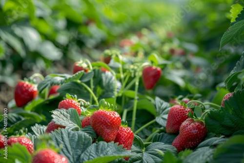 Sunlight bathes a field of ripe strawberries, highlighting the lush green leaves and vibrant red berries in a rural farm setting.