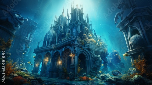 Concept art of a futuristic underwater city. The creative art of a future Ocean City. Fantasy underwater castle. Underwater megapolis. © Valua Vitaly