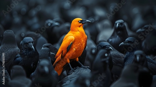 Orange Bird Among Black Birds in Nature © kiatipol