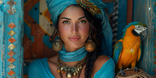 portrait of a woman from morocco with parrot