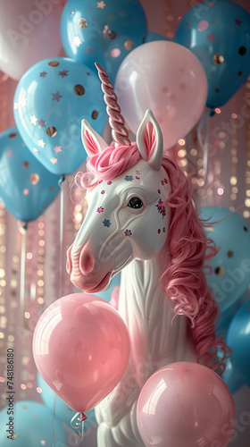 A unicorn balloon amidst pink and blue balloons, under starry decor. photo