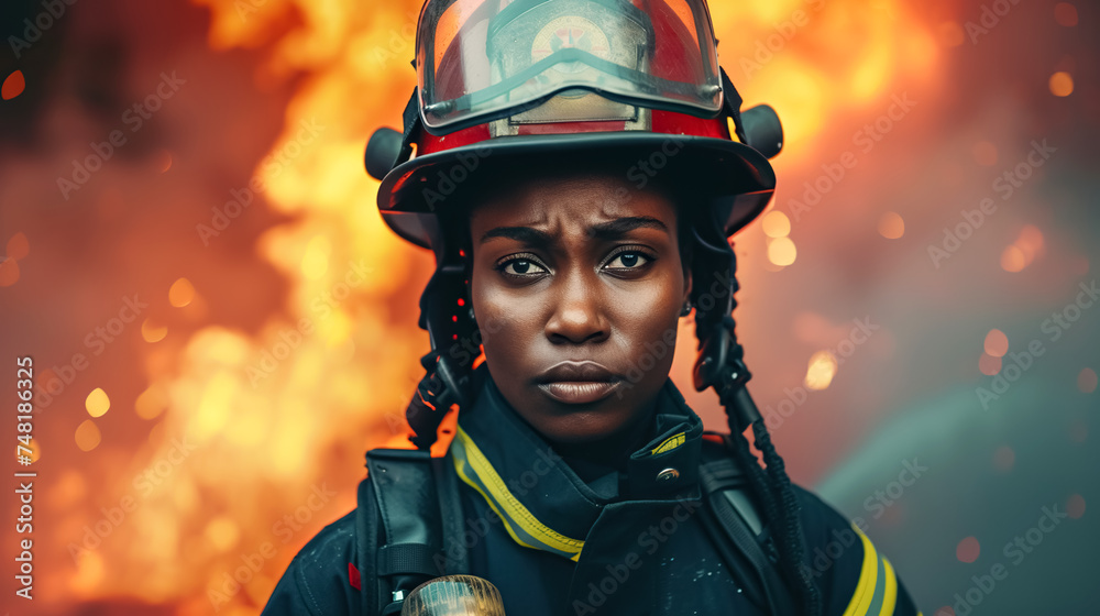 A striking portrait of dark-skinned female firefighter, her gaze reflects courage and resilience amid the flames. Women's professions A striking portrait of dark-skinned female firefighter, her gaze reflects courage and resilience amid the flames. Women's professions