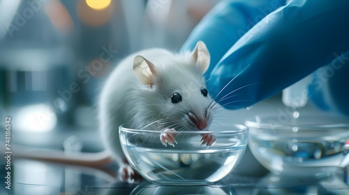 White Mouse in Laboratory Experiment with Test Tubes photo