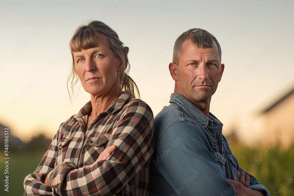 Portrait of a farming couple at sunset