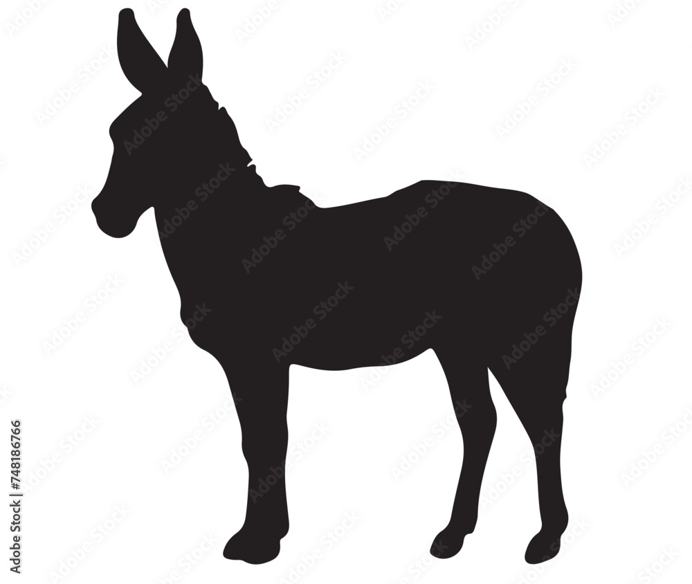Vector black and white silhouette in simple hard pen style, ready to print: Donkey side view