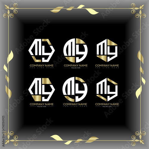 MY letter luxury logo set design.MY monogram polygonal and circle shape vector. MY luxury design. 