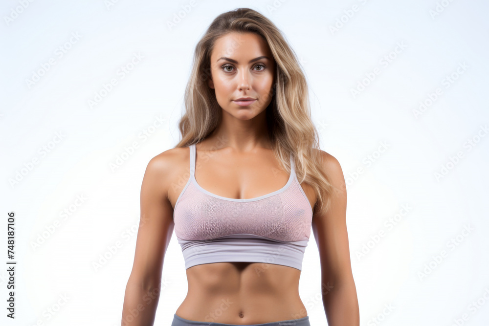 Obraz premium Portrait of smart woman posing for exercise isolated on white background, wearing sport shirt for workout at fitness, healthy body.