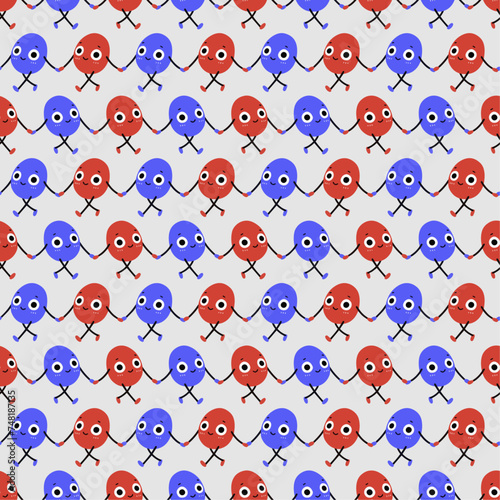 Friendship hand in hand seamless pattern. Red and blue friends mascot cartoon. Simple hand drawn.