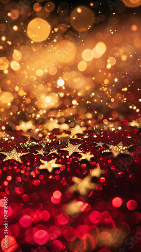 red christmas with golden shiny stars, postcard with copy space, created with generative AI technology