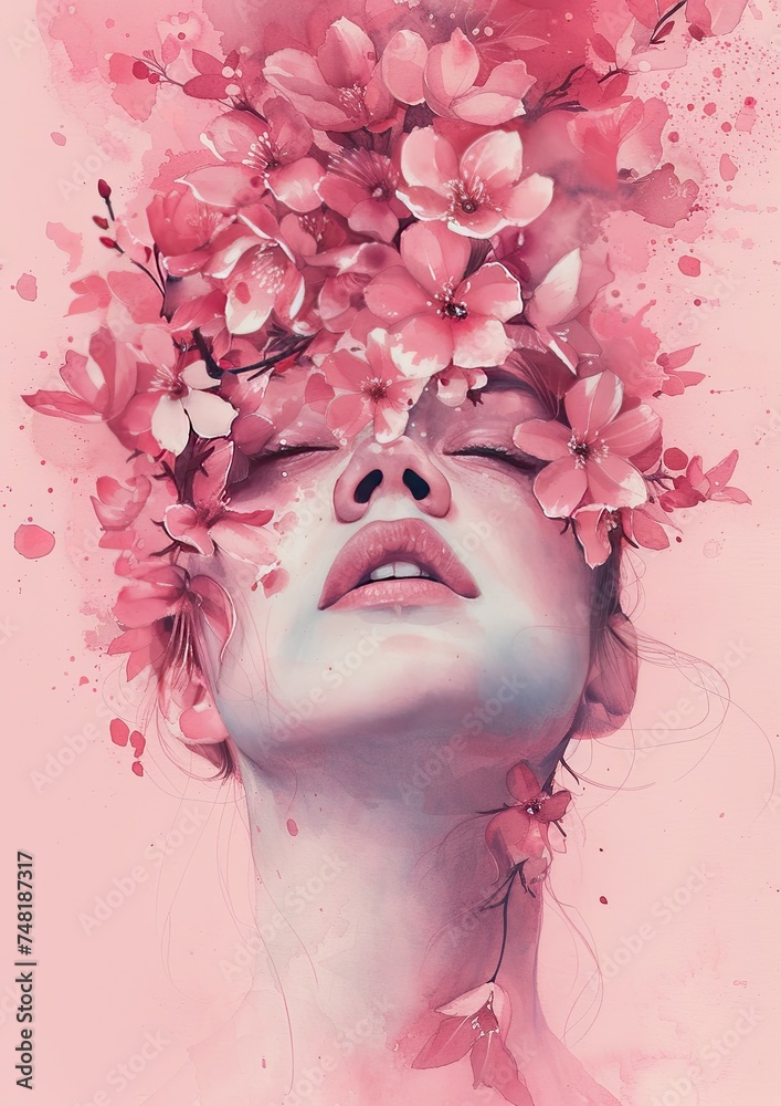 A woman with her eyes closed against a background of spring pink flowers. The concept of pleasure. A woman with her eyes closed against a background of spring pink flowers. The concept of pleasure.