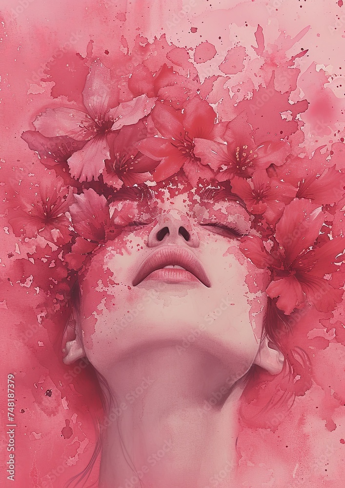 A young girl is having a strong orgasm. A beautiful woman with her mouth open and her eyes closed enjoys feelings while flying among rose petals.