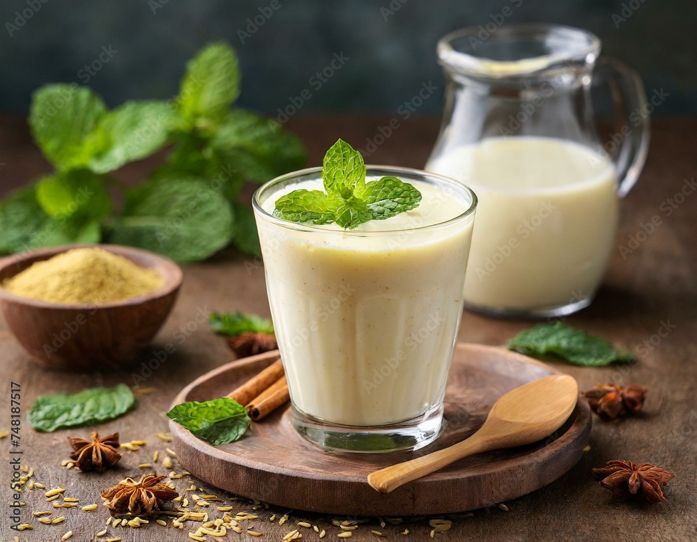 Refreshing Masala Buttermilk: Served in Glass with Mint Leaves and Cumin Refreshing Masala Buttermilk: Served in Glass with Mint Leaves and Cumin