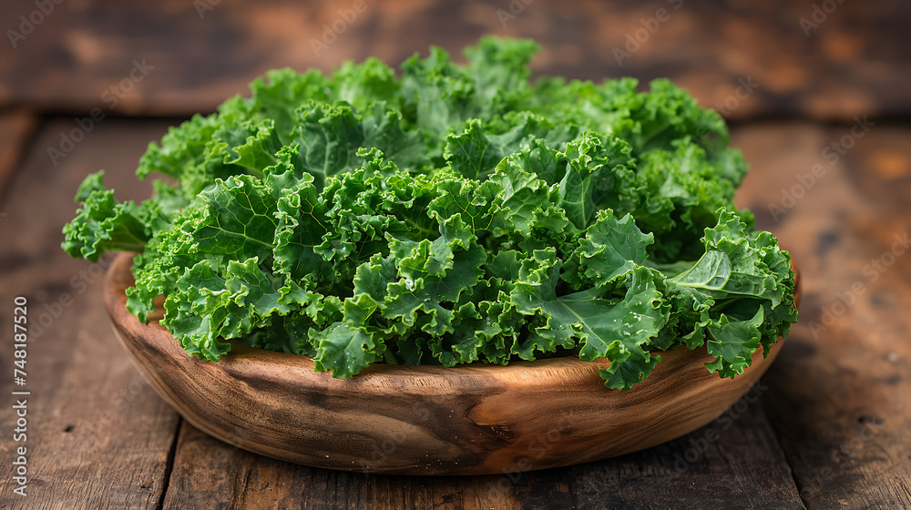 Fresh kale vegetable in a wooden bowl on a wooden table Fresh kale vegetable in a wooden bowl on a wooden table