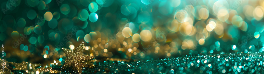 christmas with a golden glittering star on a teal green background, banner with copy space, created with generative AI technology christmas with a golden glittering star on a teal green background, banner with copy space, created with generative AI technology
