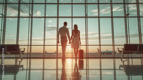 Pareja de hombre y mujer de pie agarrados de la mano mirando por un ventanal del aeropuerto al amanecer. Pareja viajando en el aeropuerto.