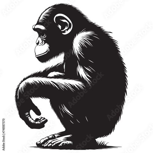 Elegant Chimpanzee Silhouettes, Chimpanzee Silhouette Series, Exploring Chimpanzee Forms-black and white illustration