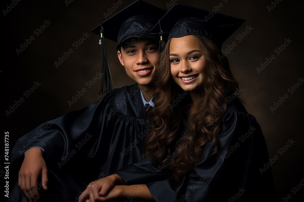 Obraz premium An American couple in black graduation hats and robes celebrates academic achievements and success