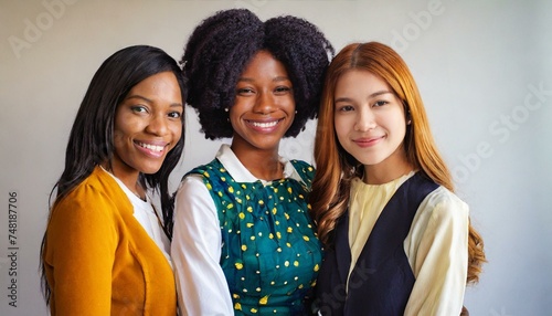 portrait of beautiful young women of different races and nationalities, stylish girls, friends  photo