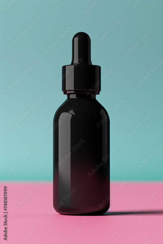 A black dropper bottle on a textured surface, shadowed background